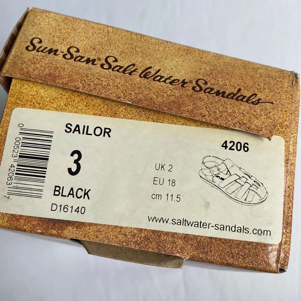 SUN-SAN Sailor Salt Water Sandals Black Size 18 EU 3 US Leather New In Box NWT - Picture 11 of 11